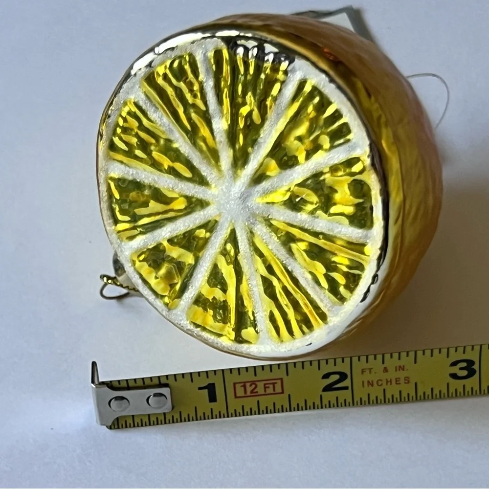 SILVER TREE HALF LEMON GLASS CHRISTMAS ORNAMENT YELLOW 3” NWT